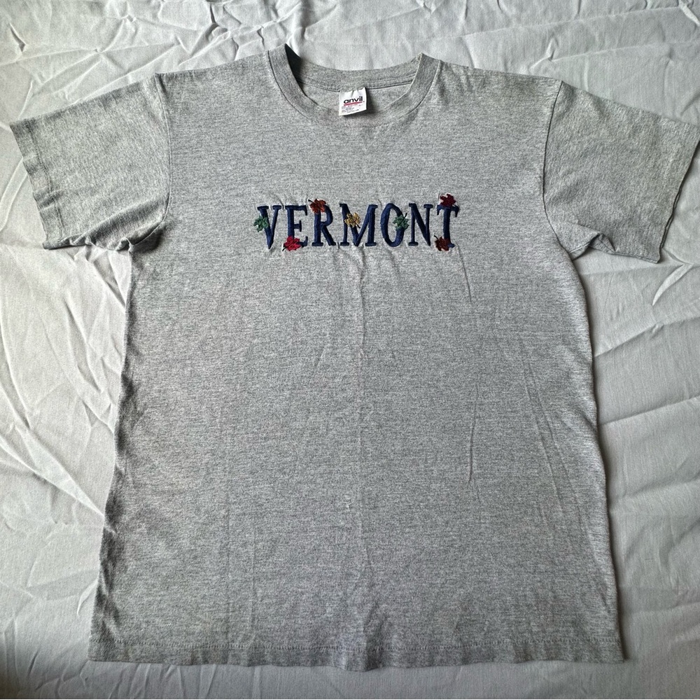 Vtg Embroidered Vermont Autumn Fall Shirt Mens Large Grey Single Stitch USA 90s